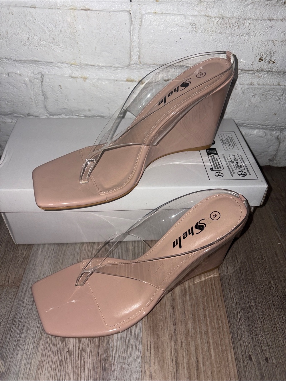 SHEIN Blush Nude Clear Strap Wedge Sandals Size 8